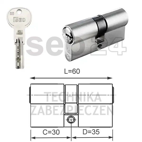 ISEO R6 EXTRA wkładka bębenkowa dwustronna  (klucz/klucz) 30x35, niklowana matowa