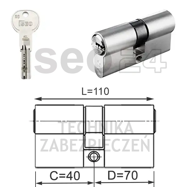 ISEO R6 EXTRA wkładka bębenkowa dwustronna  (klucz/klucz) 40x70, niklowana matowa