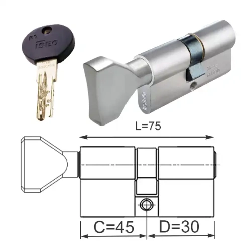 R7 EXTRA wkładka bębenkowa dwustronna z gałką (klucz/gałka) 45Gx30, niklowana matowa