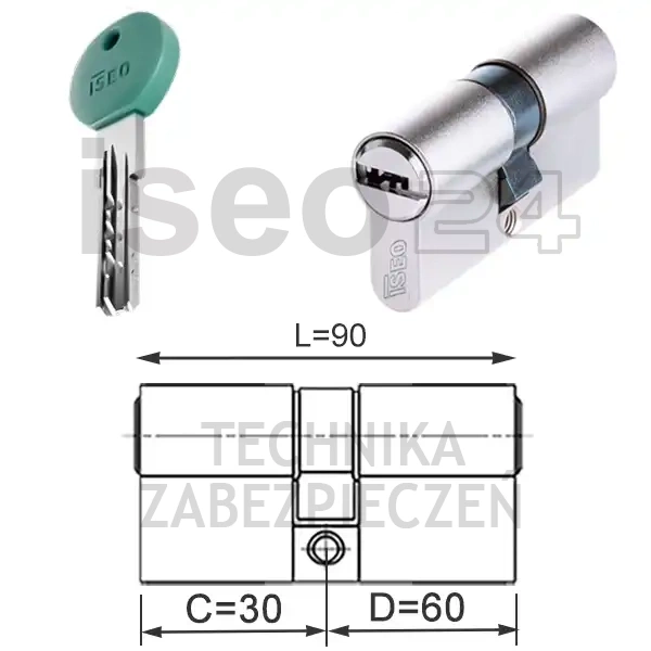 ISEO R700 wkładka bębenkowa dwustronna (klucz/klucz) 30x60, niklowana matowa