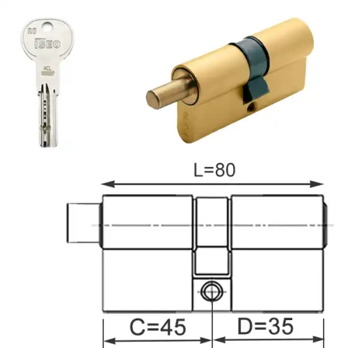 ISEO R6 EXTRA wkładka bębenkowa dwustronna  45Gx35 do gałki od 45, mosiężna matowa