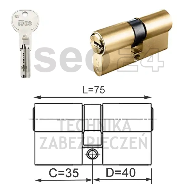 ISEO R6 EXTRA wkładka bębenkowa dwustronna  (klucz/klucz) 35x40, mosiężna matowa