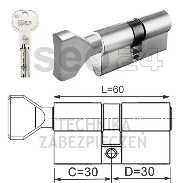 ISEO R6 EXTRA wkładka bębenkowa dwustronna (klucz/gałka) 30Gx30 z gałką od 30, niklowana matowa