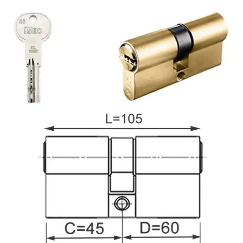 ISEO R6 EXTRA wkładka bębenkowa dwustronna  (klucz/klucz) 45x60, mosiężna matowa