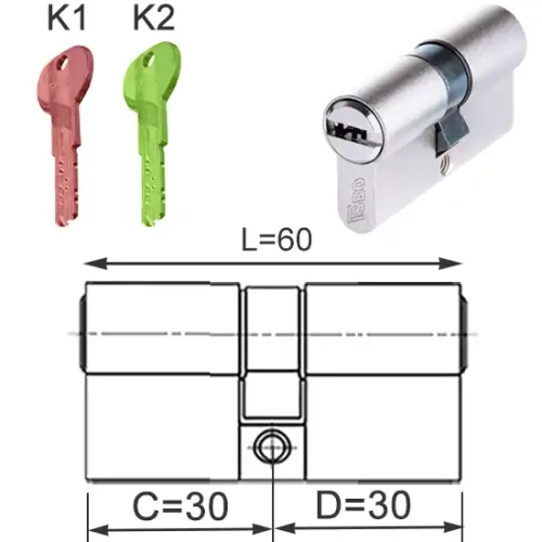 ISEO R700 wkładka bębenkowa dwustronna (klucz/klucz) z rekombinacją 30x30, niklowana matowa
