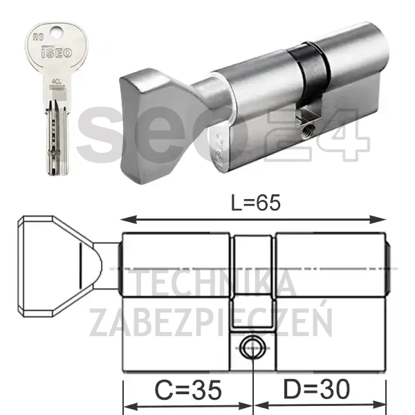 ISEO R6 EXTRA wkładka bębenkowa dwustronna (klucz/gałka) 35Gx30 z gałką od 35, niklowana matowa
