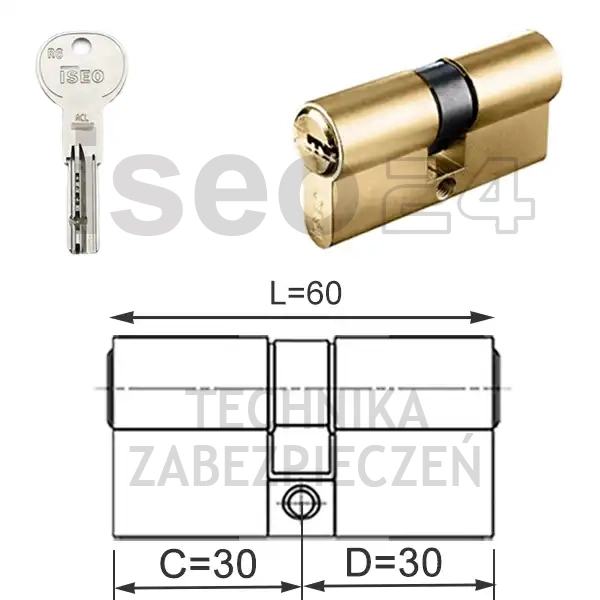 ISEO R6 EXTRA wkładka bębenkowa dwustronna  (klucz/klucz) 30x30, mosiężna matowa
