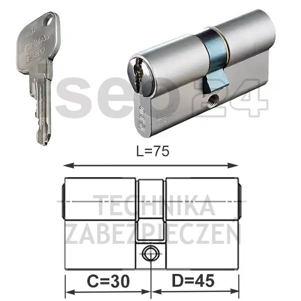 ISEO CSF F9 Basic wkładka bębenkowa dwustronna  (klucz/klucz) 30x45, niklowana matowa