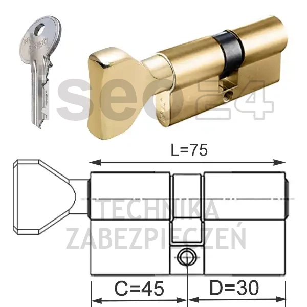ISEO F5 wkładka bębenkowa dwustronna  (klucz/gałka) 45Gx30 gałka od 45, mosiężna matowa