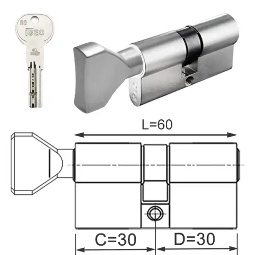 ISEO R6 EXTRA wkładka bębenkowa dwustronna  (klucz/gałka) 30Gx30 z gałką od 30, niklowana  matowa