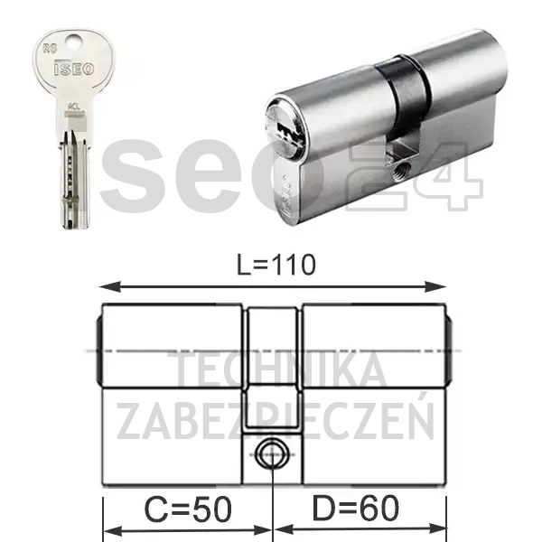 ISEO R6 EXTRA wkładka bębenkowa dwustronna  (klucz/klucz) 50x60, niklowana matowa