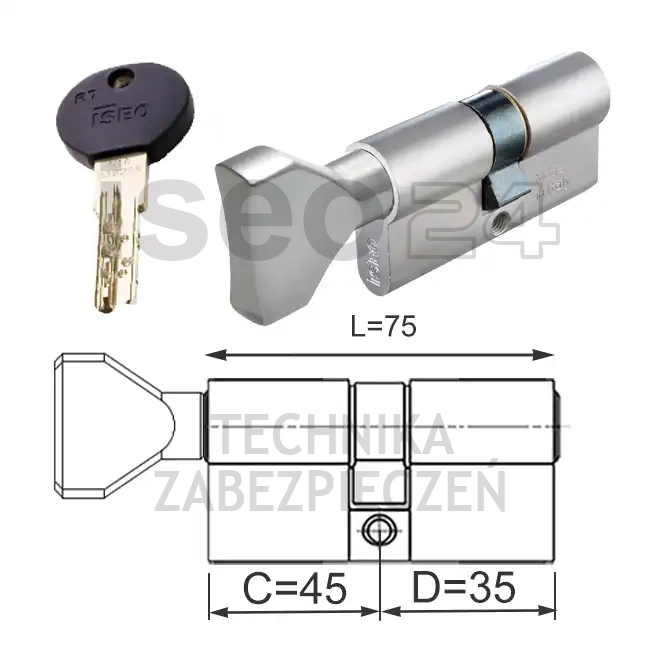 R7 EXTRA wkładka bębenkowa dwustronna z gałką (klucz/gałka) 45Gx35, niklowana matowa