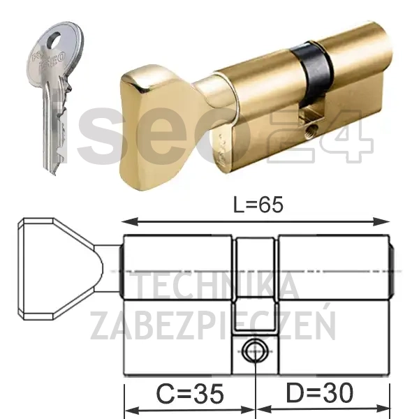 ISEO F5 wkładka bębenkowa dwustronna  (klucz/gałka) 35Gx30 gałka od 35, mosiężna matowa