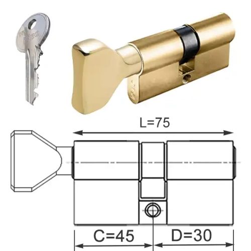 ISEO F5 wkładka bębenkowa dwustronna  (klucz/gałka) 45Gx30 gałka od 45, mosiężna matowa