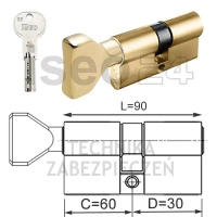 ISEO R6 EXTRA wkładka bębenkowa dwustronna (klucz/gałka) 60Gx30 gałka od 60, mosiężna matowa
