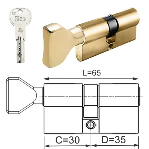 ISEO R6 EXTRA wkładka bębenkowa dwustronna  (klucz/gałka) 30Gx35 gałka od 30, mosiężna matowa