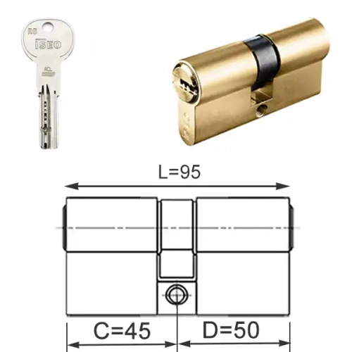 ISEO R6 EXTRA wkładka bębenkowa dwustronna  (klucz/klucz) 45x50, mosiężna matowa
