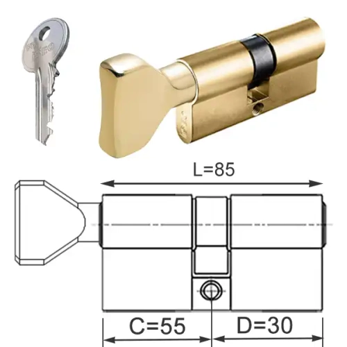 ISEO F5 wkładka bębenkowa dwustronna  (klucz/gałka) 55Gx30 gałka od 55, mosiężna matowa