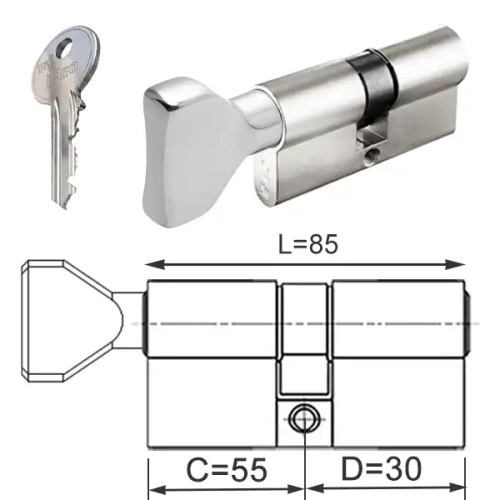 ISEO F5 wkładka bębenkowa dwustronna  (klucz/gałka) 55Gx30 gałka od 55, niklowana matowa