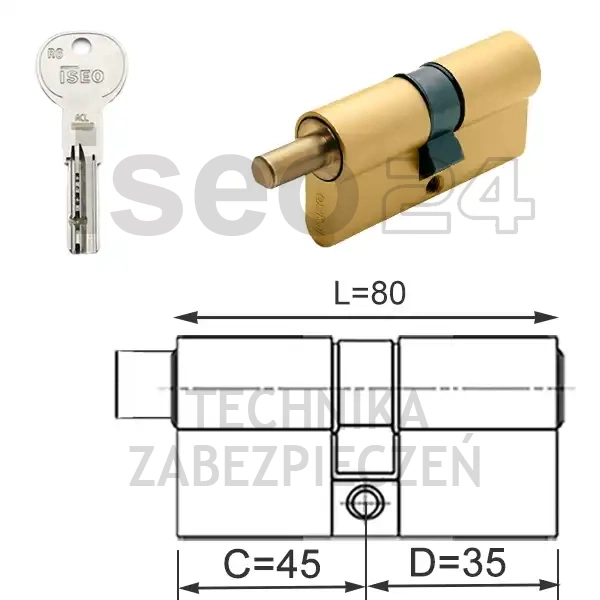 ISEO R6 EXTRA wkładka bębenkowa dwustronna  45Gx35 do gałki od 45, mosiężna matowa