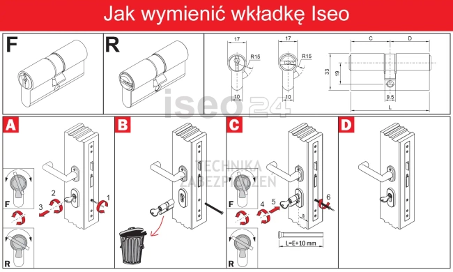 ISEO R6 EXTRA wkładka bębenkowa dwustronna (klucz/gałka) 30Gx40 gałka od 30, mosiężna matowa