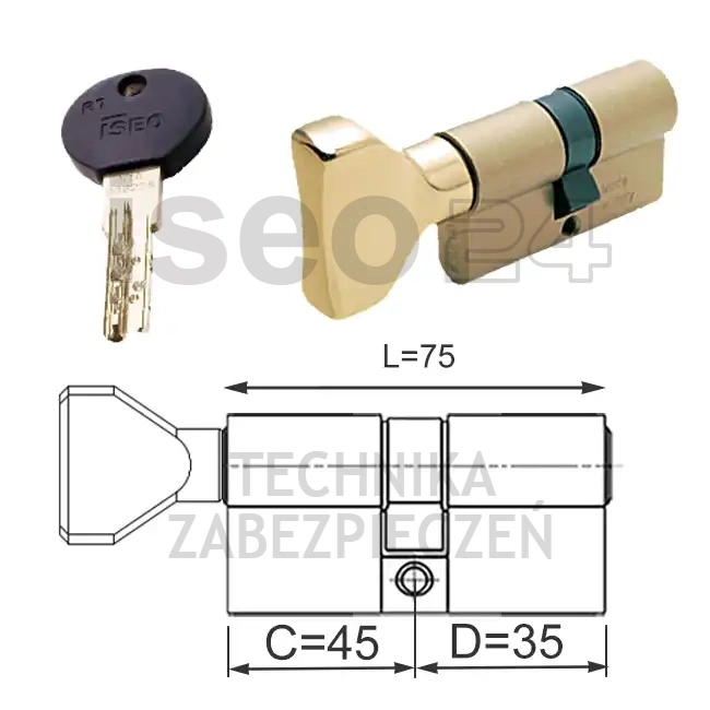R7 EXTRA wkładka bębenkowa dwustronna z gałką (klucz/gałka) 45Gx35, mosiężna matowa