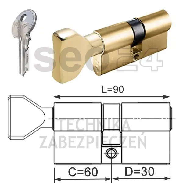 ISEO F5 wkładka bębenkowa dwustronna (klucz/gałka) 60Gx30 gałka od 60, mosiężna matowa