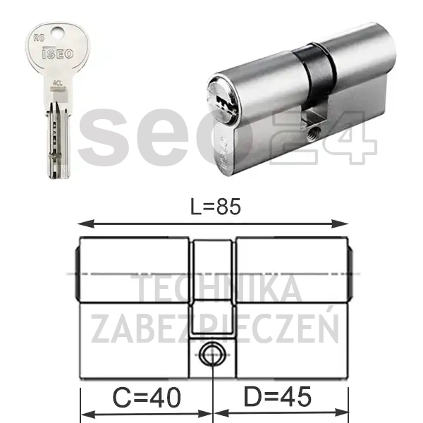 ISEO R6 EXTRA wkładka bębenkowa dwustronna  (klucz/klucz) 40x45, niklowana matowa