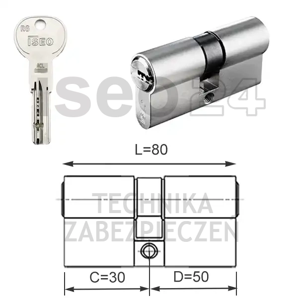 ISEO R6 EXTRA wkładka bębenkowa dwustronna  (klucz/klucz) 30x50, niklowana matowa