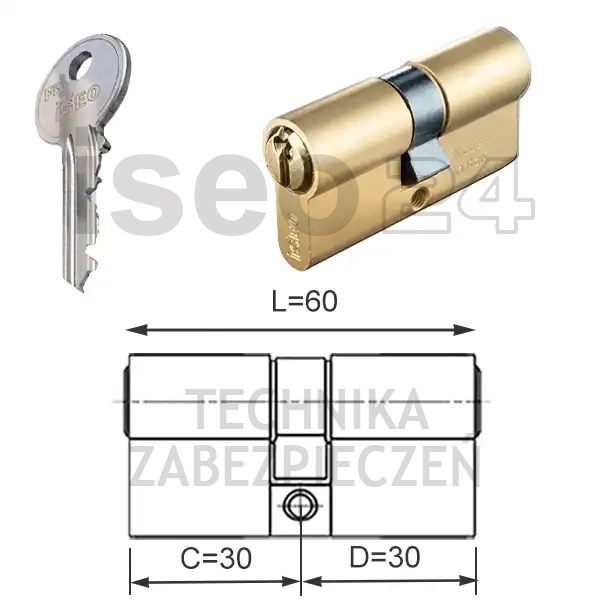 ISEO F5 wkładka bębenkowa dwustronna  (klucz/klucz) 30x30, mosiężna matowa