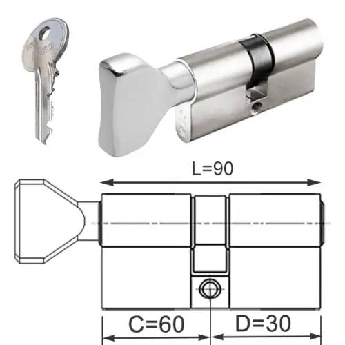 ISEO F5 wkładka bębenkowa dwustronna  (klucz/gałka) 60Gx30 gałka od 60, niklowana matowa