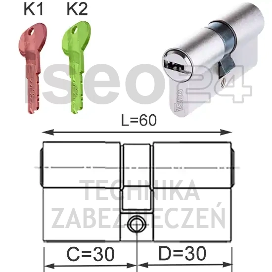 ISEO R700 wkładka bębenkowa dwustronna (klucz/klucz) z rekombinacją 30x30, niklowana matowa