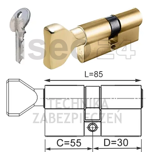 ISEO F5 wkładka bębenkowa dwustronna  (klucz/gałka) 55Gx30 gałka od 55, mosiężna matowa