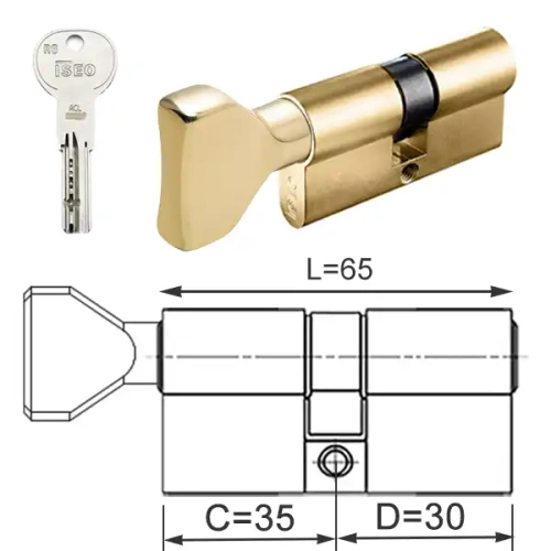 ISEO R6 EXTRA wkładka bębenkowa dwustronna  (klucz/gałka) 35Gx30 gałka od 35, mosiężna matowa