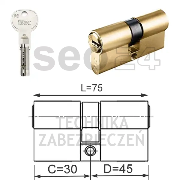ISEO R6 EXTRA wkładka bębenkowa dwustronna  (klucz/klucz) 30x45, mosiężna matowa