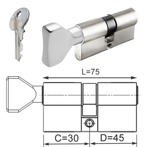 ISEO F5 wkładka bębenkowa dwustronna  (klucz/gałka) 30Gx45 gałka od 30, niklowana matowa