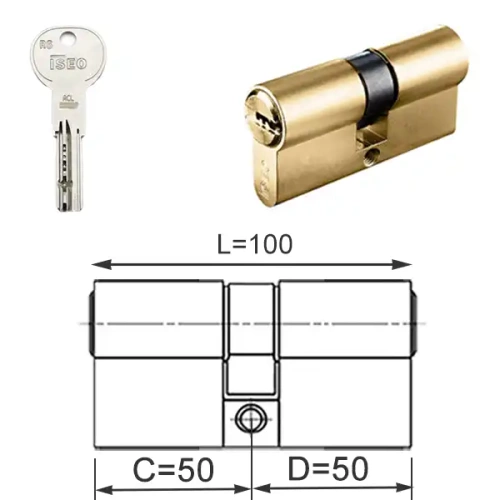 ISEO R6 EXTRA wkładka bębenkowa dwustronna  (klucz/klucz) 50x50, mosiężna matowa