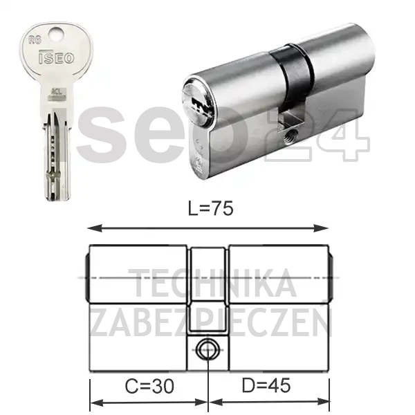 ISEO R6 EXTRA wkładka bębenkowa dwustronna  (klucz/klucz) 30x45, niklowana matowa