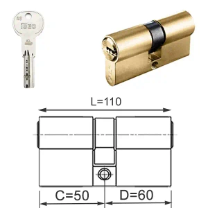 ISEO R6 EXTRA wkładka bębenkowa dwustronna  (klucz/klucz) 50x60, mosiężna matowa