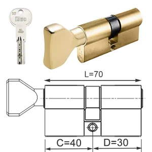 ISEO R6 EXTRA wkładka bębenkowa dwustronna (klucz/gałka) 40Gx30 gałka od 40, mosiężna matowa