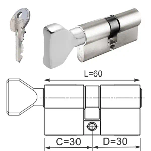 ISEO F5 wkładka bębenkowa dwustronna  (klucz/gałka) 30Gx30 gałka od 30, niklowana matowa