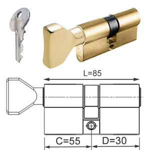 ISEO F5 wkładka bębenkowa dwustronna (klucz/gałka) 55Gx30 gałka od 55, mosiężna matowa