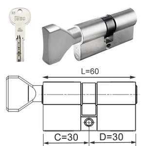 ISEO R6 EXTRA wkładka bębenkowa dwustronna (klucz/gałka) 30Gx30 z gałką od 30, niklowana matowa