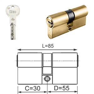 ISEO R6 EXTRA wkładka bębenkowa dwustronna  (klucz/klucz) 30x55, mosiężna matowa